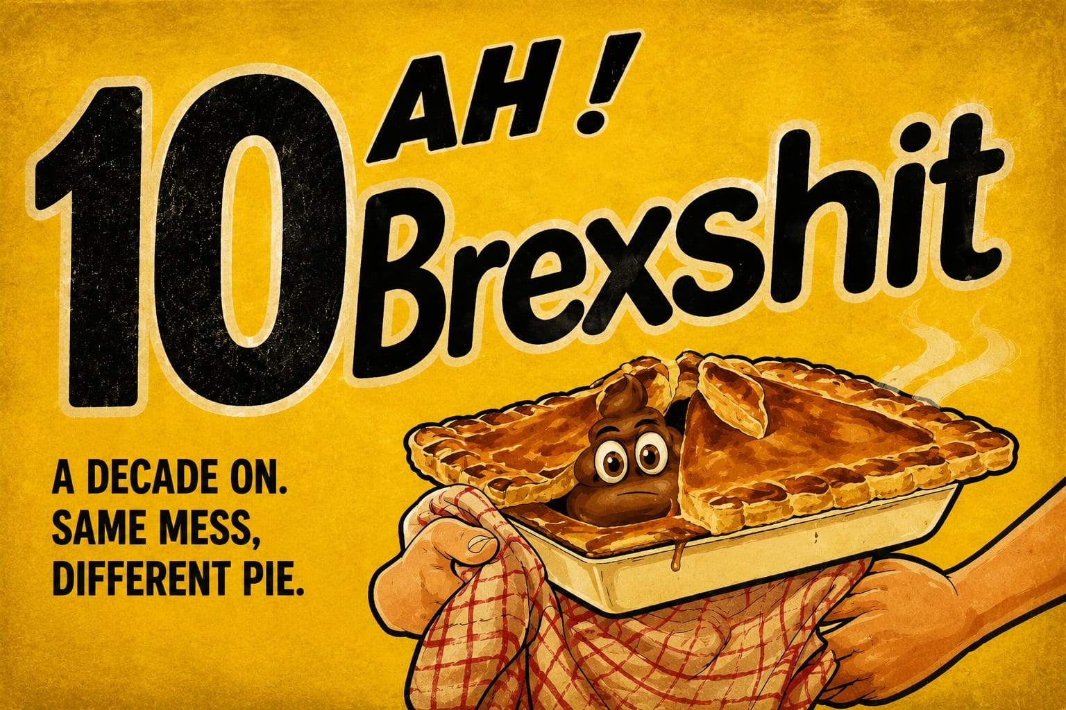Brexit-themed illustration of a pie labelled "Brexshit" representing the economic consequences of Brexit in Britain.
