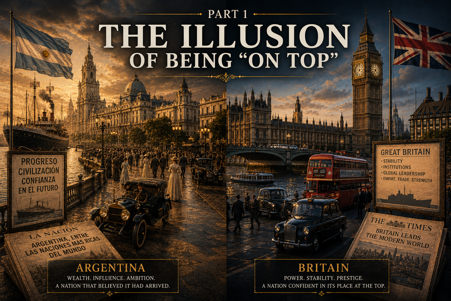Split illustration of historic Argentina and Britain for The Illusion of Being On Top