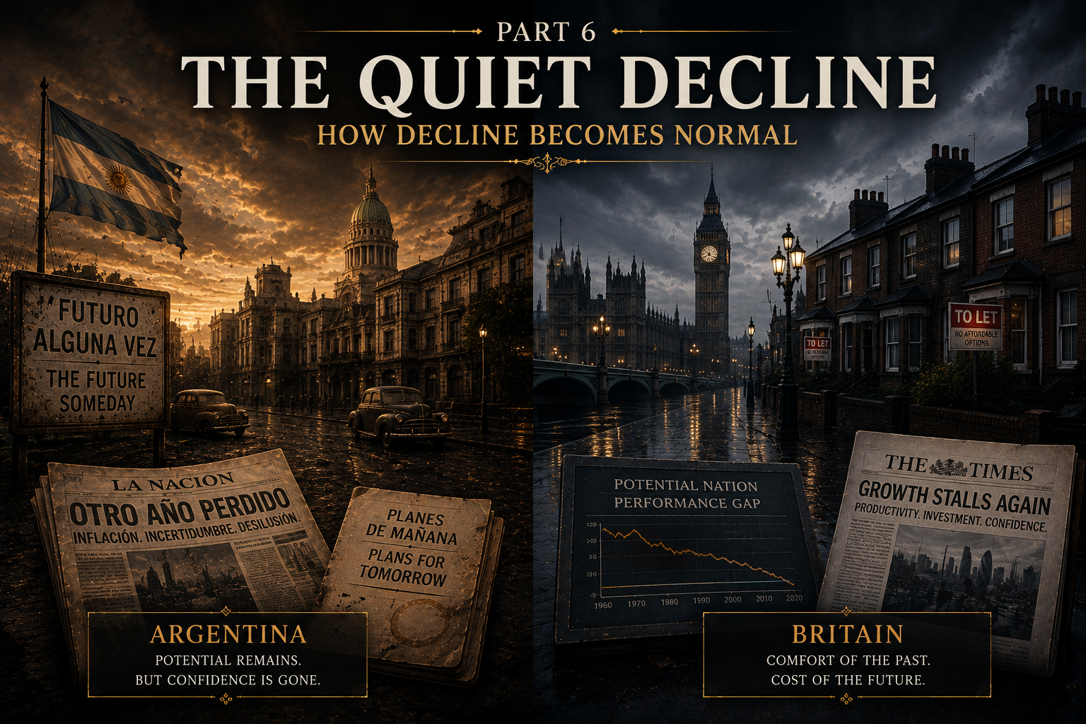 Argentina and Britain contrasted through visible crisis and gradual national decline