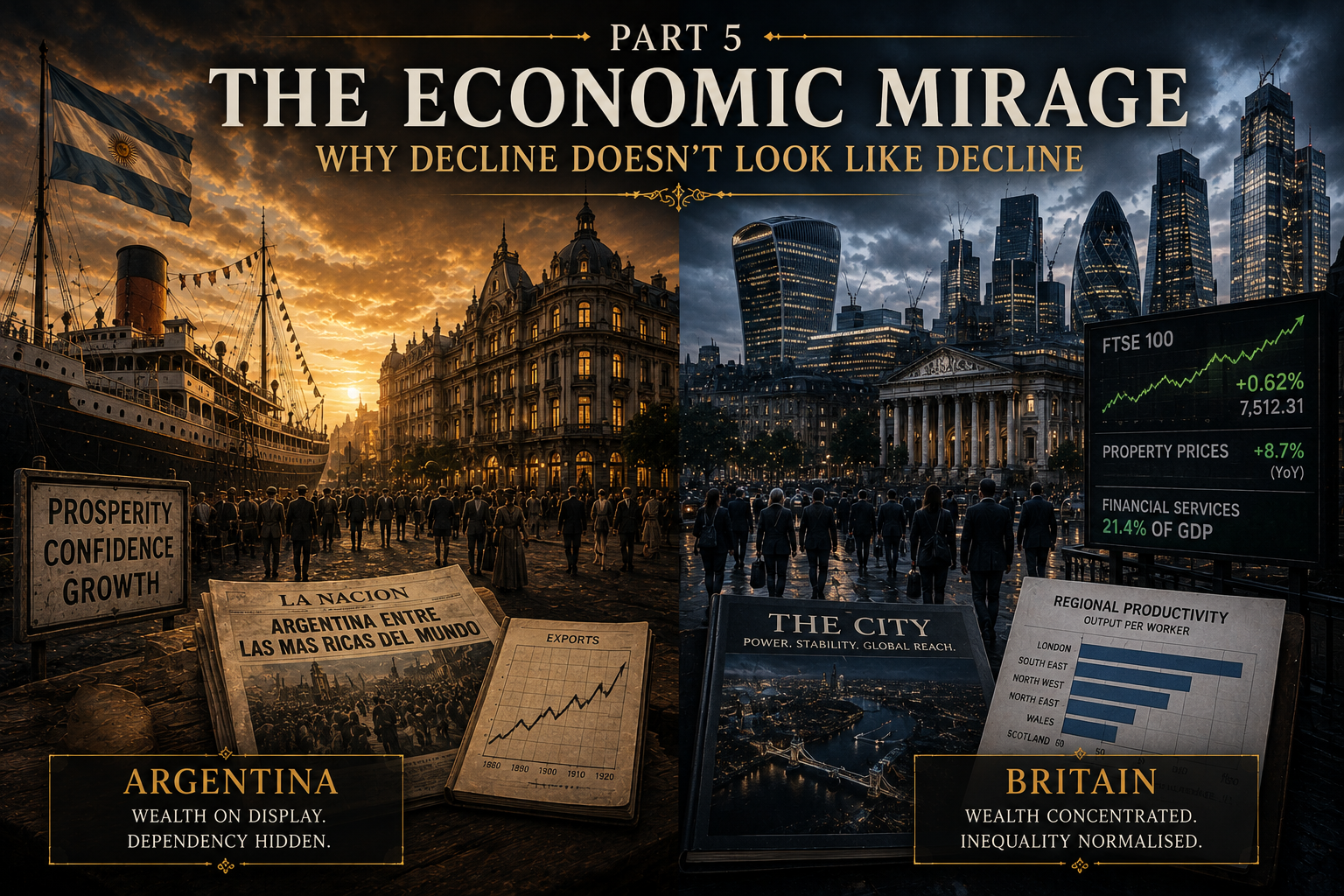 Argentina and Britain contrasted through visible prosperity and underlying economic weakness