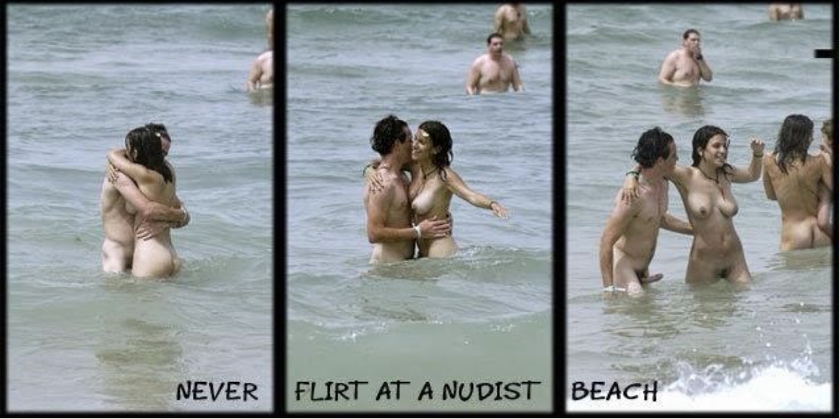 Nudist beach scene showing a couple embracing in the sea