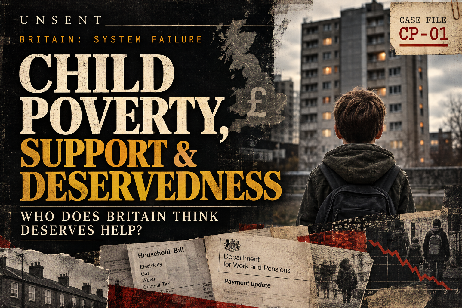 A child facing a British council estate beside the words Child Poverty, Support and Deservedness.
