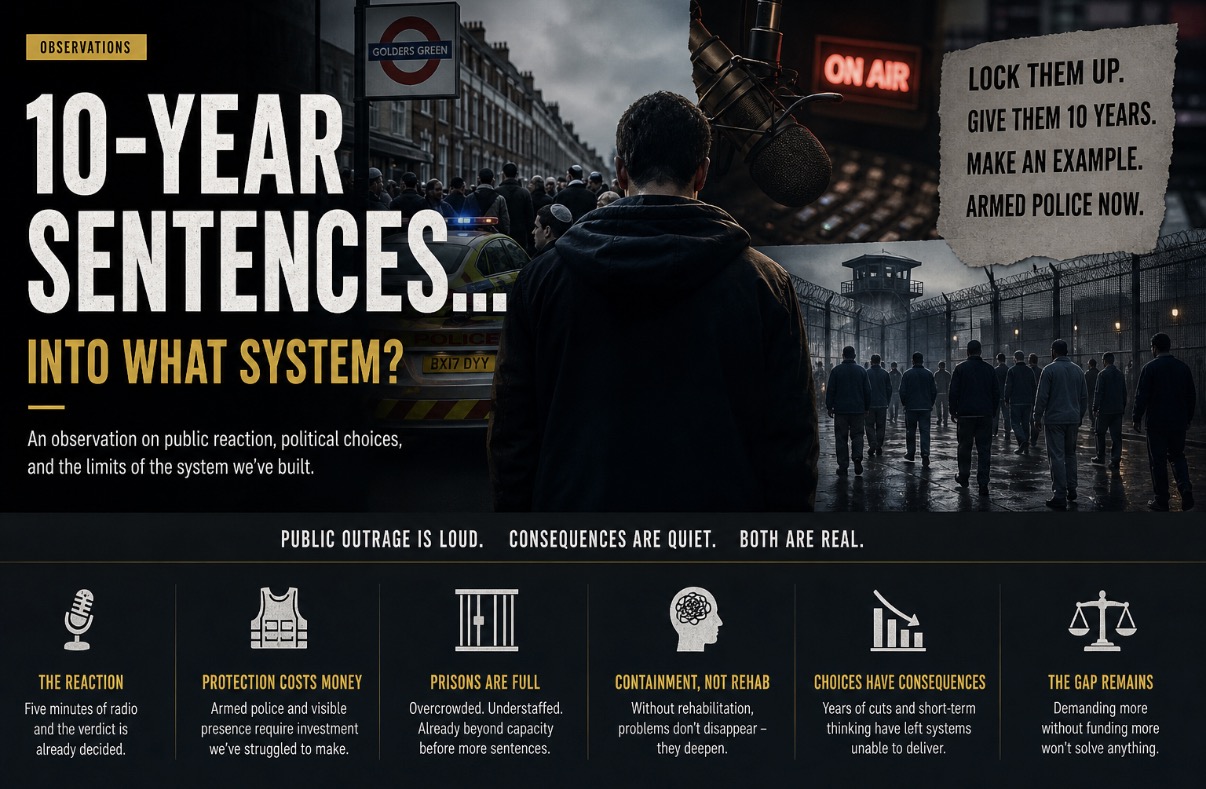 Editorial artwork for 10-Year Sentences… Into What System?, exploring public demands for punishment and the capacity of Britain’s criminal justice system.