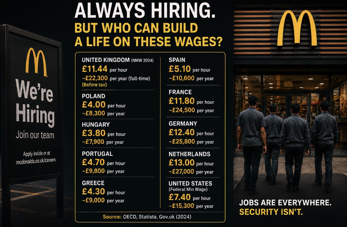 Recruitment and wage information displayed at a motorway services restaurant