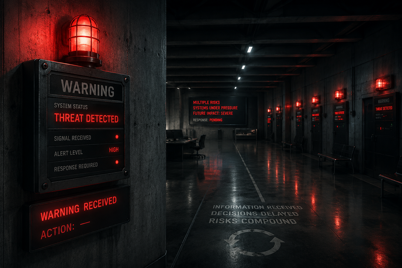 Red warning signals illuminated in an empty control corridor as repeated alerts go unanswered