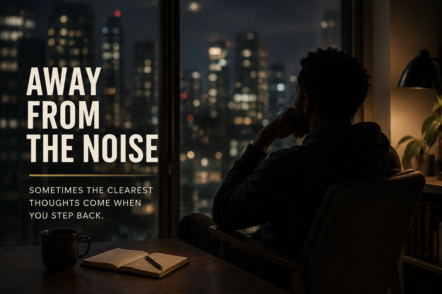 Man sitting quietly beside a city window at night for Away From The Noise