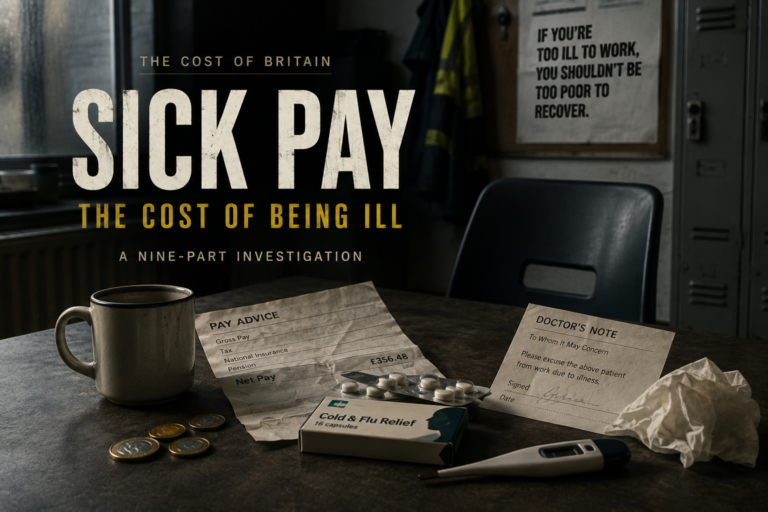 Sick Pay And The Cost Of Being Ill series feature image showing a workplace table with a payslip, medicine, doctor's note and empty chair.