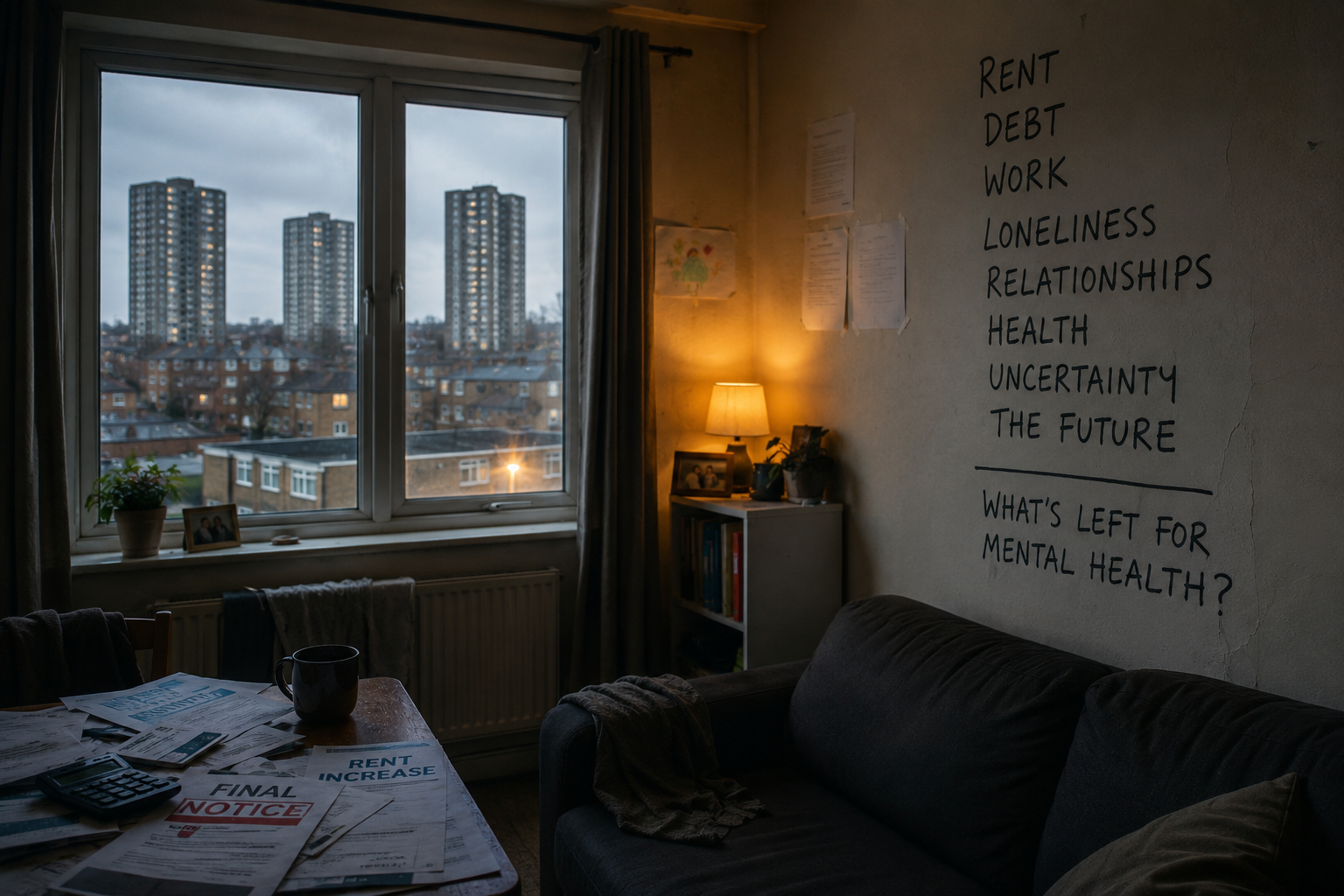 Living room with bills and words representing pressures including rent, debt, work, loneliness, relationships, health and uncertainty.