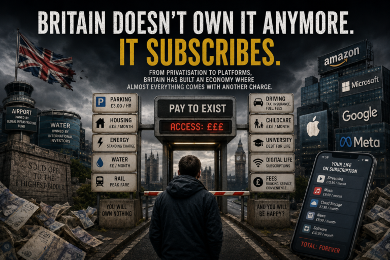 Conceptual editorial artwork illustrating Britain’s shift from ownership towards subscriptions, recurring charges and paid access