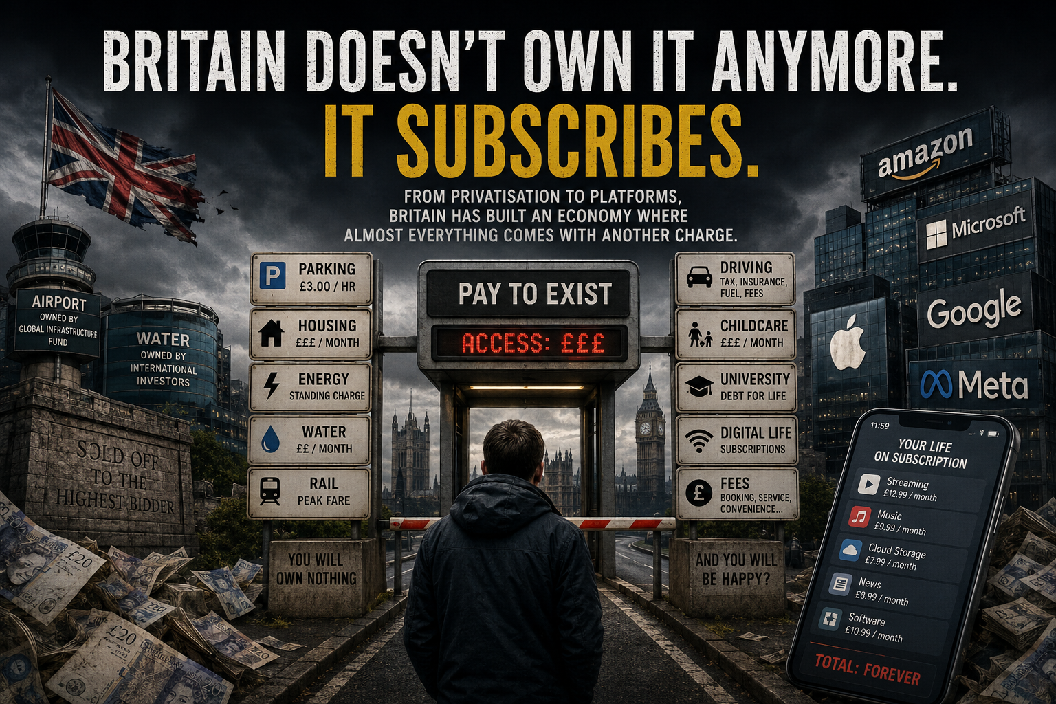 Editorial artwork representing Britain's shift from ownership towards subscriptions, rents and fees