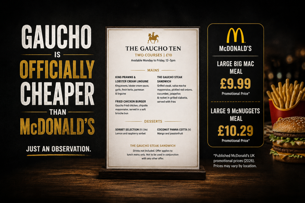 Gaucho £10 menu compared with McDonald’s fast-food prices