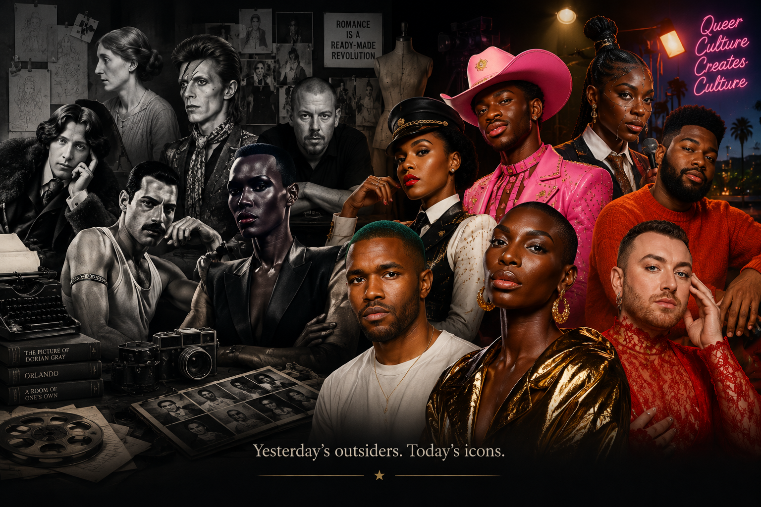 Editorial collage of historical and contemporary cultural figures exploring outsiders, creativity and cultural influence.