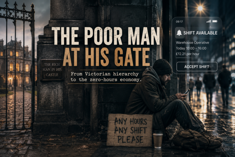 The Poor Man at His Gate — Victorian gate contrasted with a modern zero-hours worker checking a shift notification
