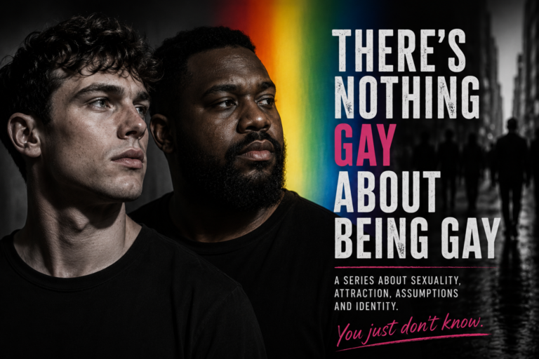Editorial portrait artwork for There’s Nothing Gay About Being Gay with rainbow colour accents