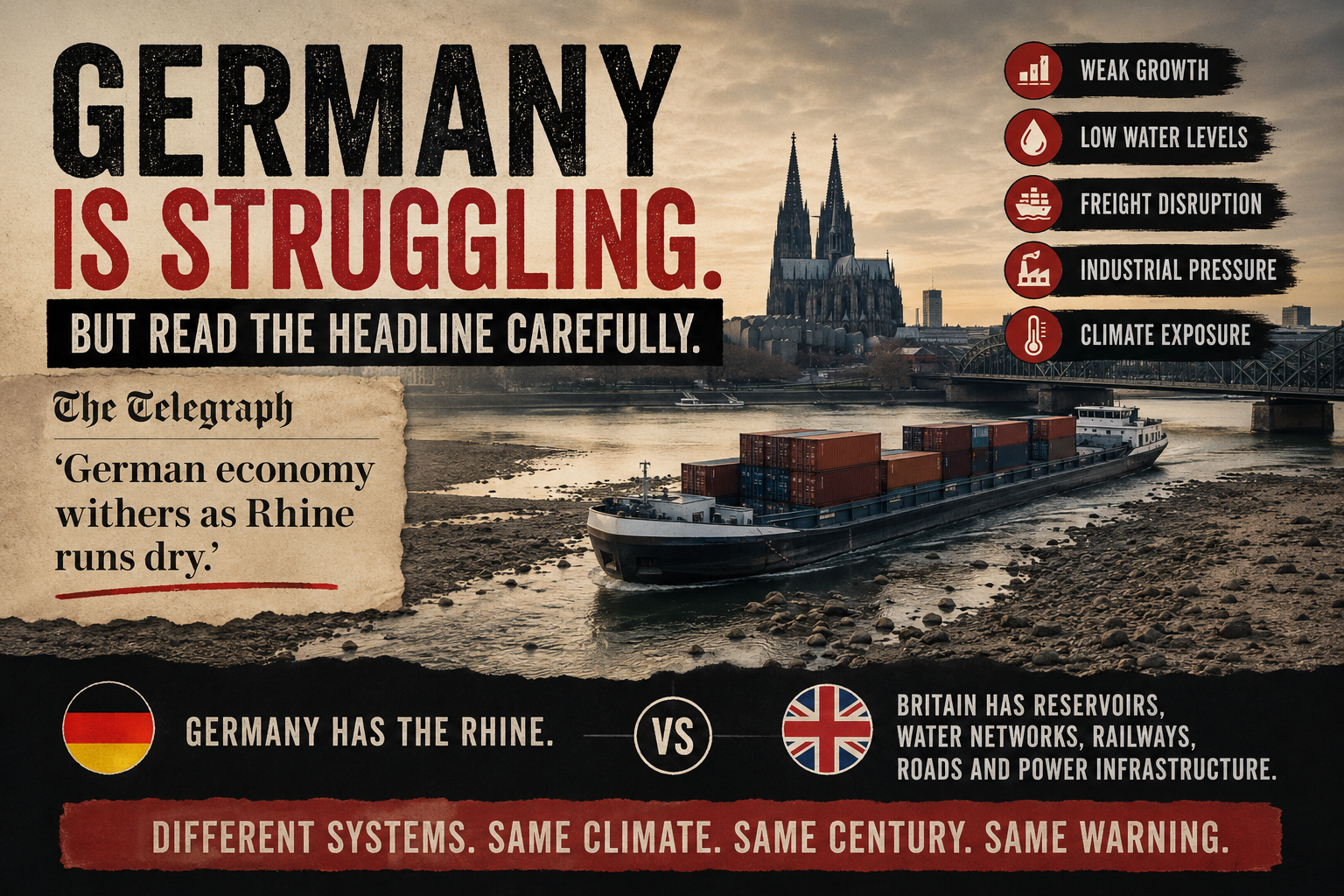 Editorial artwork examining headlines about Germany's economic struggles