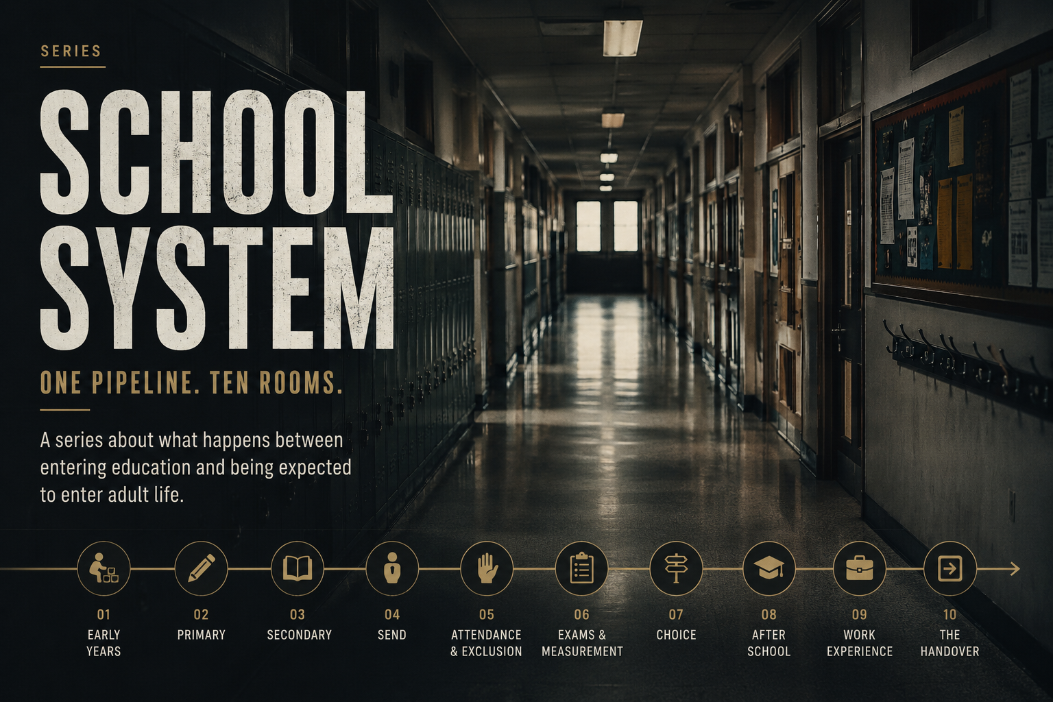 Dark empty school corridor illustrating the School System series, following ten stages from early years to the handover into adult life.