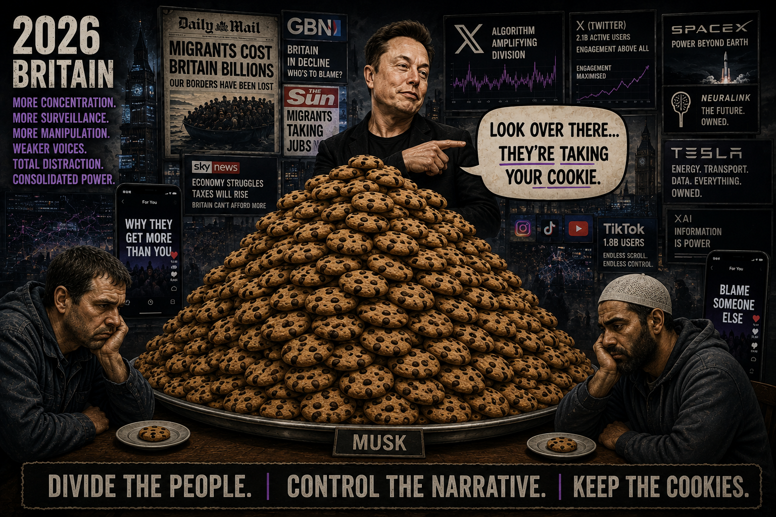 Editorial illustration representing the modern algorithmic attention economy, with Elon Musk, smartphones and social feeds while ordinary people argue over small differences and a vast pile of cookies remains in the background.