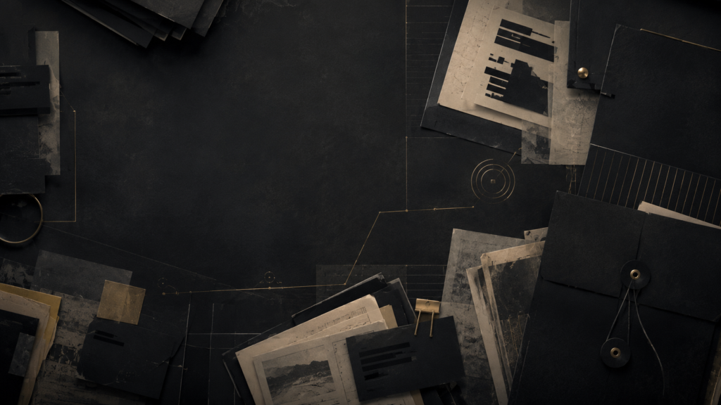 Dark editorial archive of layered documents, folders and connecting lines representing linked investigations and continuing series.
