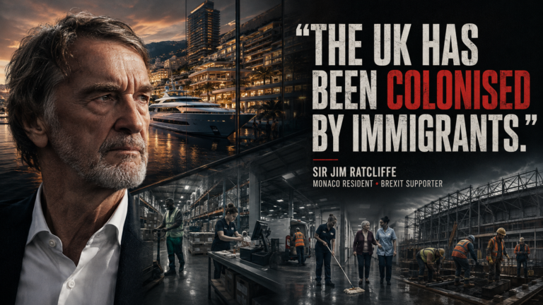 Editorial image of Sir Jim Ratcliffe above Monaco and British workers, featuring his claim that the UK has been “colonised by immigrants.”