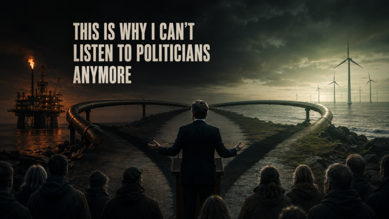 Editorial artwork about political promises, North Sea oil and ownership