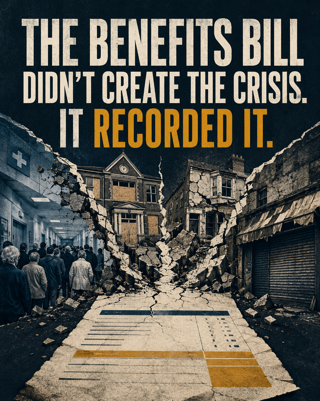 Editorial artwork representing Britain's disability benefits system and the structural pressures behind rising claims