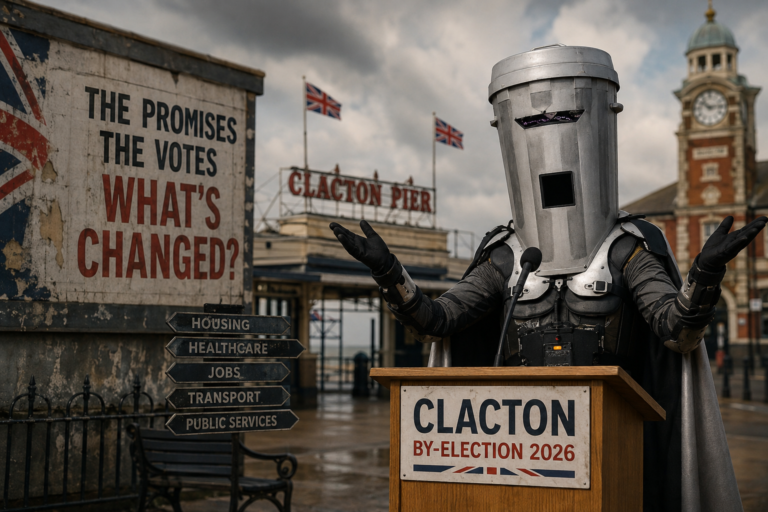 Editorial collage representing Clacton, political change and the constituency's electoral history