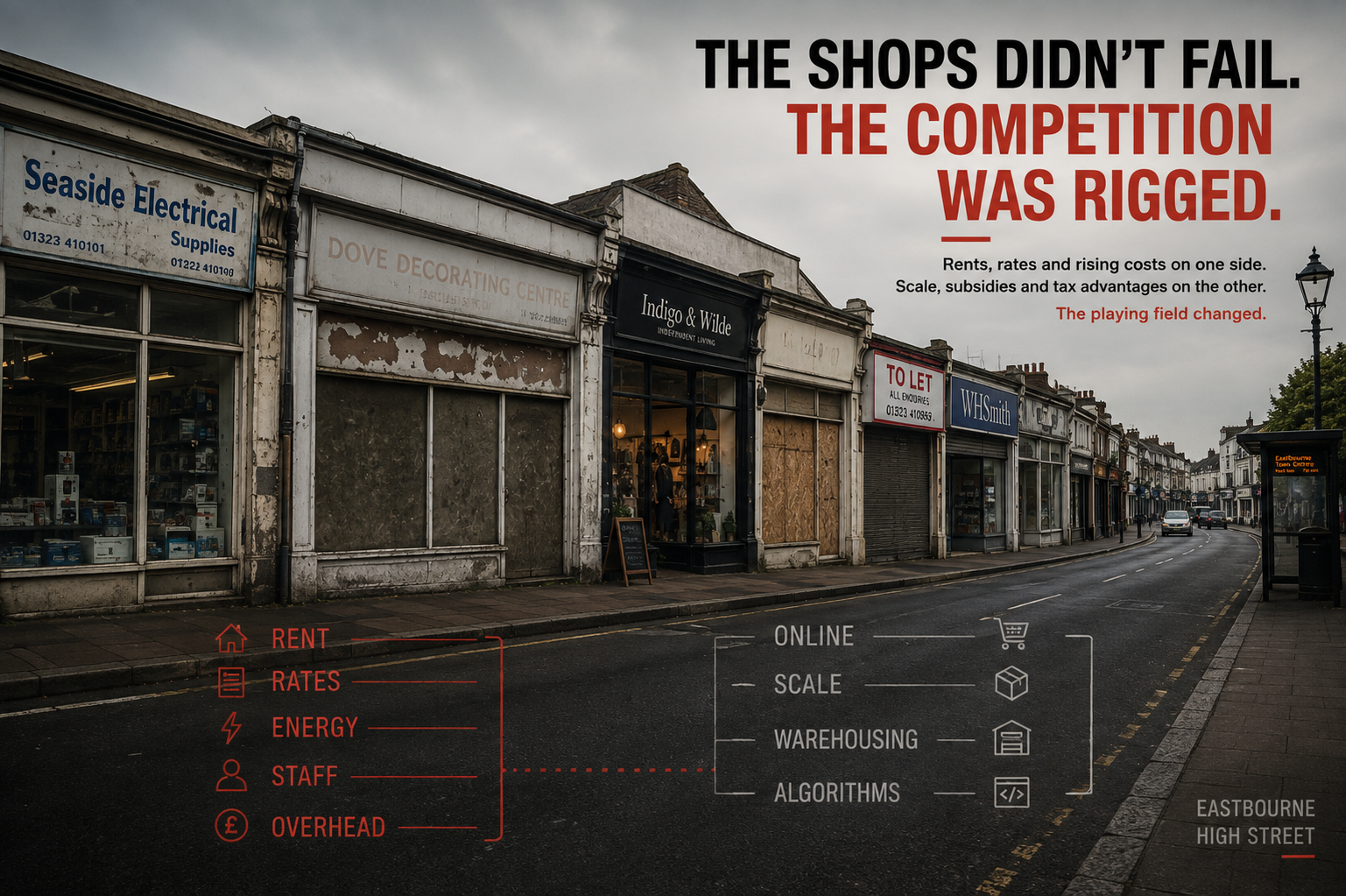 Eastbourne high street with surviving independent shops, empty units and boarded shopfronts
