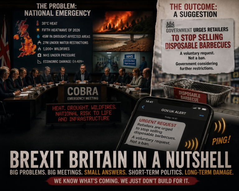 Editorial artwork about COBRA meetings, heat, drought and Britain's approach to crisis management