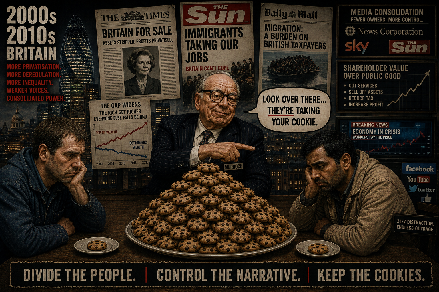 Editorial illustration representing Rupert Murdoch's expanded media power by the 1990s and 2000s, with a larger pile of cookies and British newspaper imagery surrounding him.