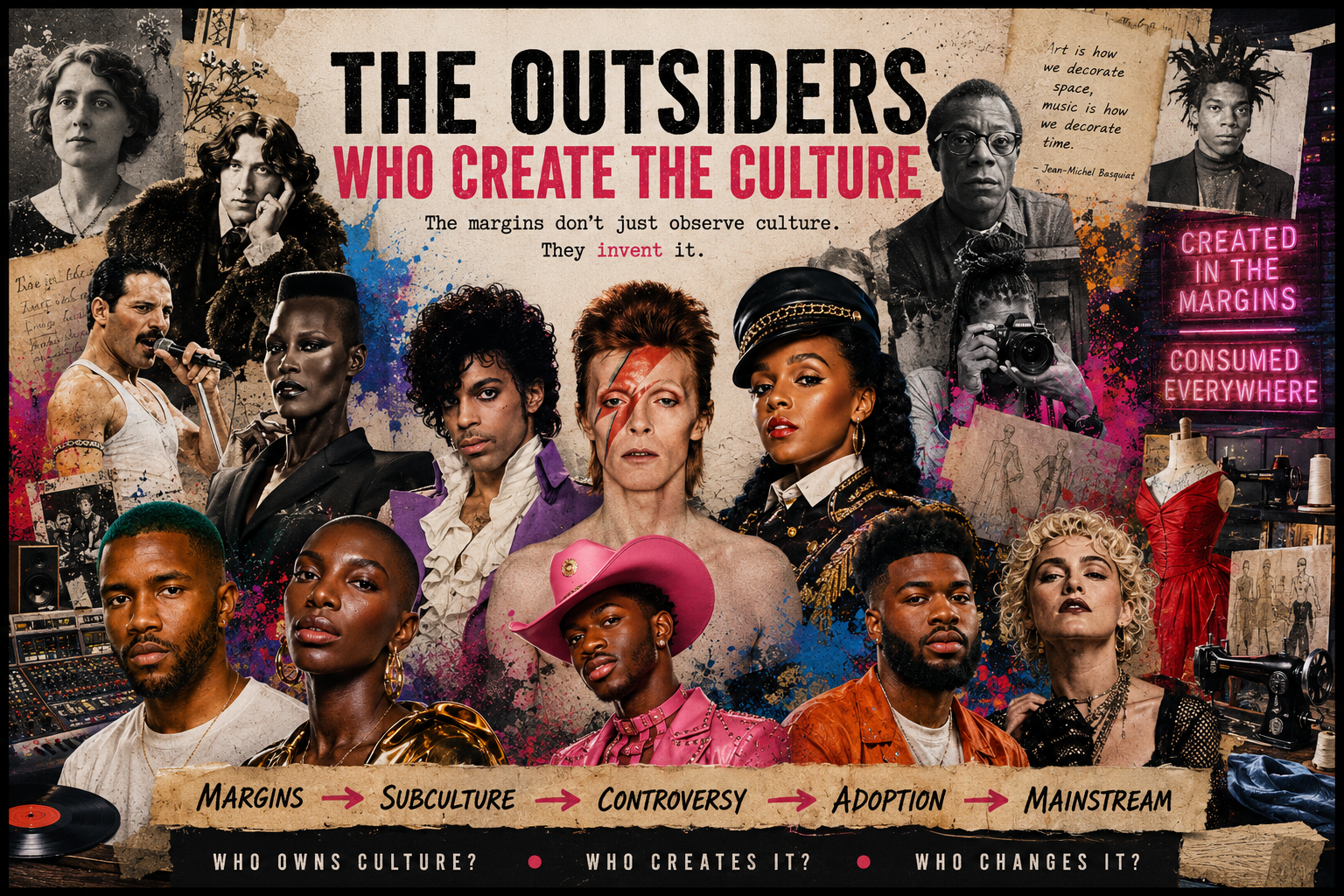 Editorial collage representing outsiders and marginalised communities shaping popular culture