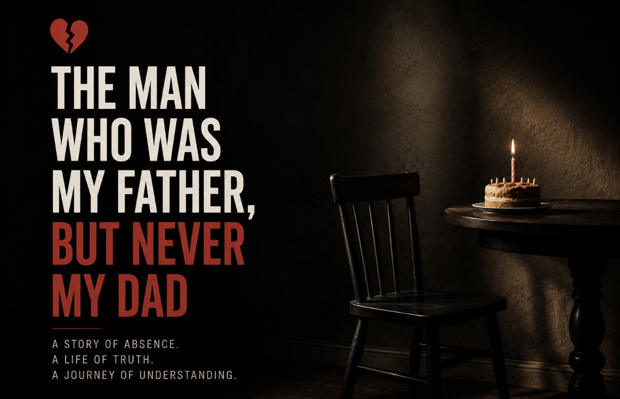 Editorial artwork showing an empty chair beside a birthday cake with a single lit candle, alongside the title "The Man Who Was My Father, But Never My Dad." The image symbolises absence, fatherhood, reflection and the passage of time.