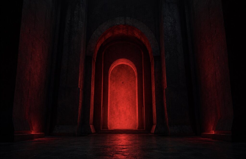 Red illuminated doorway in darkness representing Intent