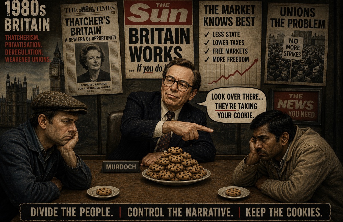 Editorial illustration of 1980s Britain using the cookie metaphor, with Rupert Murdoch represented alongside an accumulating pile of cookies while attention is directed towards ordinary people.