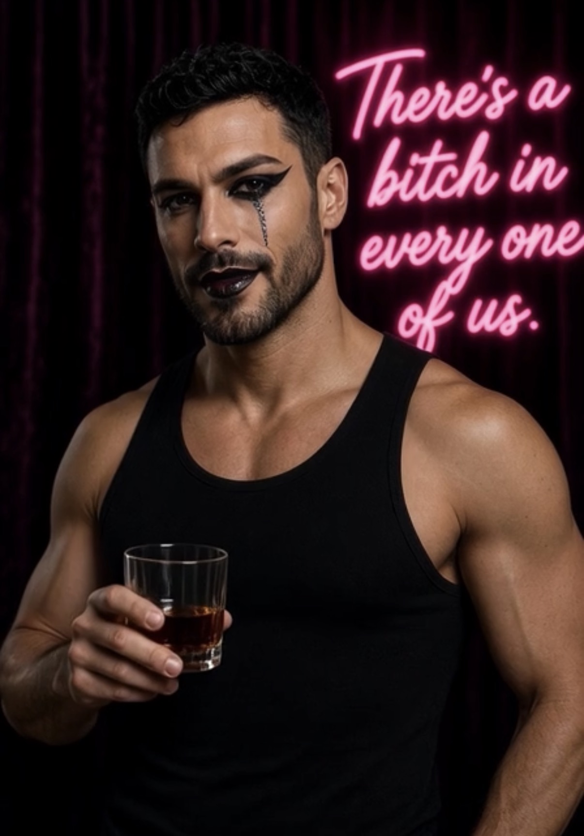 Man with makeup and whiskey