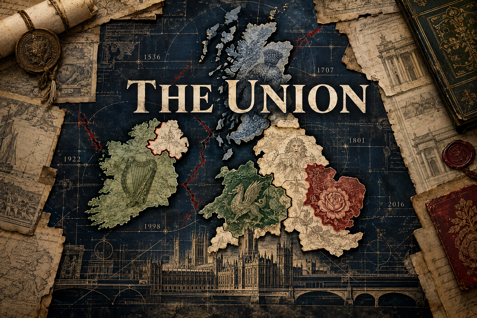 An illustrated constitutional map of Britain and Ireland, layered with historic documents, key dates and Westminster beneath the title The Union.