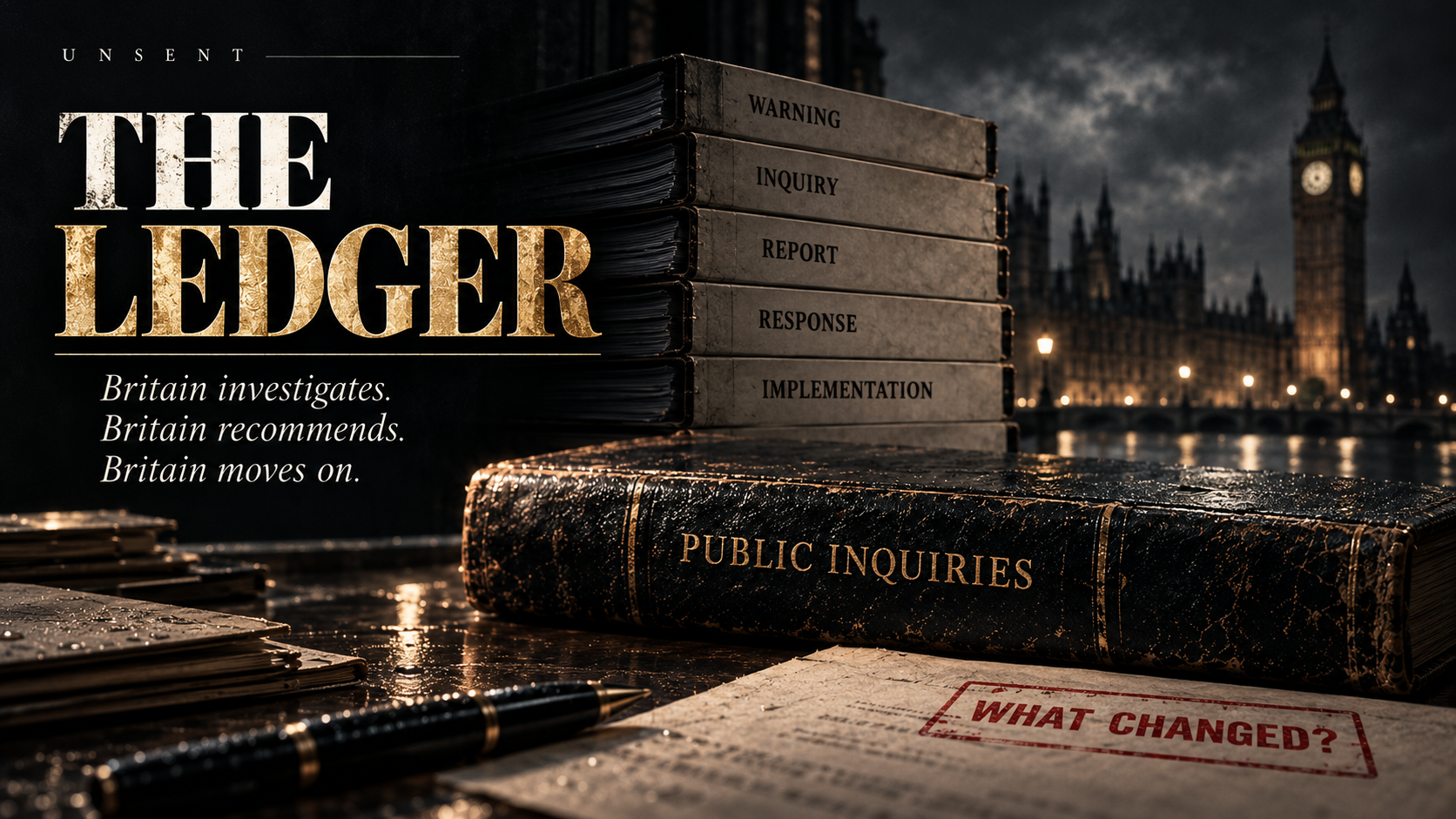 An open public-inquiry ledger on a rain-darkened desk overlooking Westminster, with files tracing the path from warning to implementation and a red stamp asking what changed.