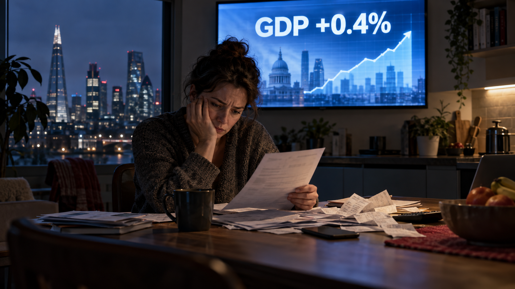 A woman examines household bills beneath a television announcing UK GDP growth of 0.4%.