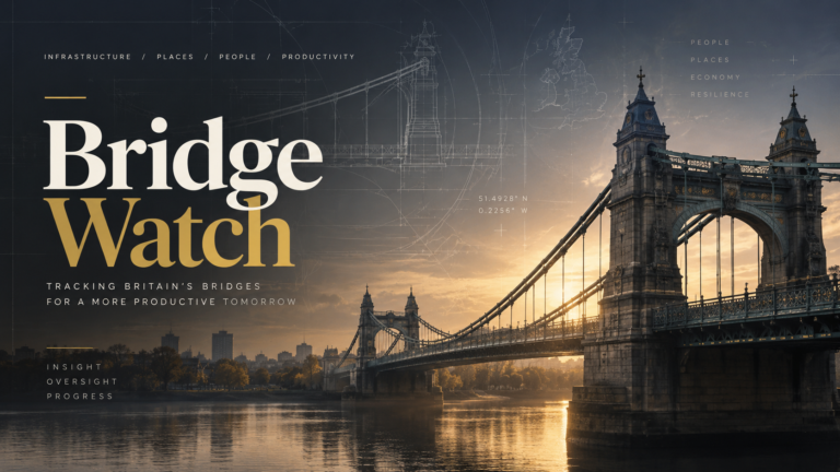 Bridge Watch feature image showing a British suspension bridge with engineering drawings and infrastructure monitoring graphics.