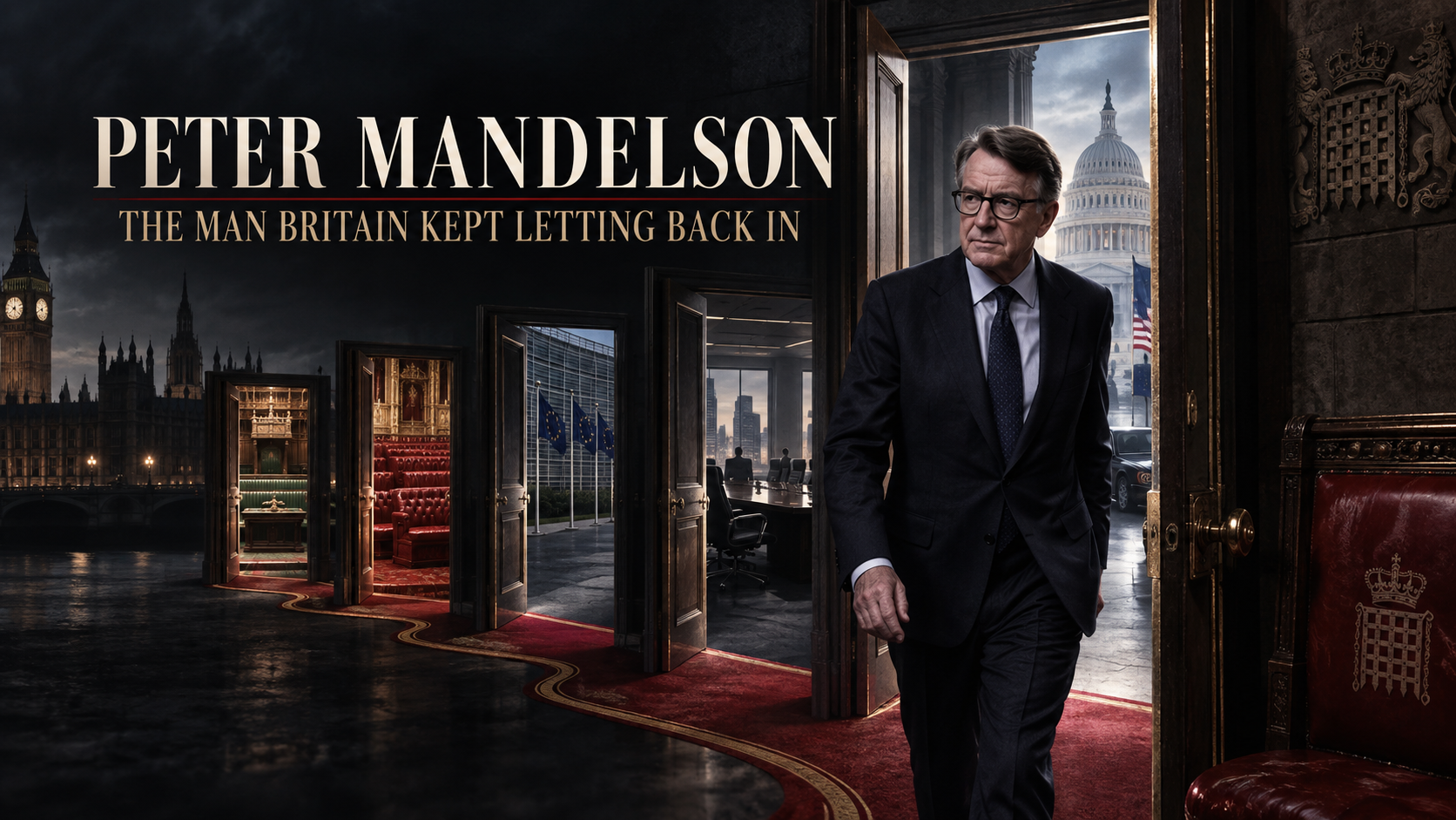 Peter Mandelson walking through successive doorways representing Westminster, the House of Lords, Brussels, business and Washington.