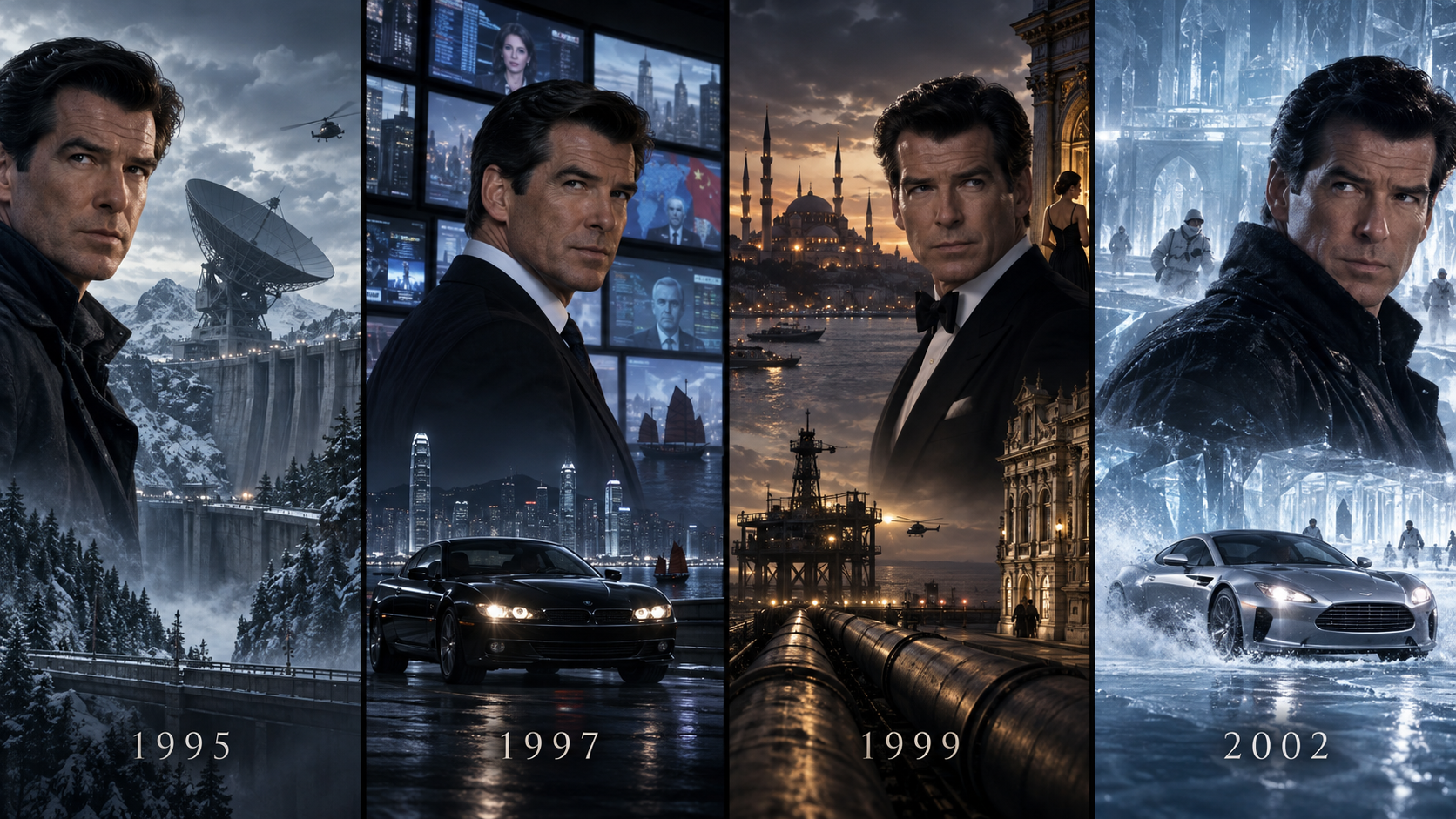A four-part cinematic timeline representing Pierce Brosnan's James Bond films from 1995 to 2002