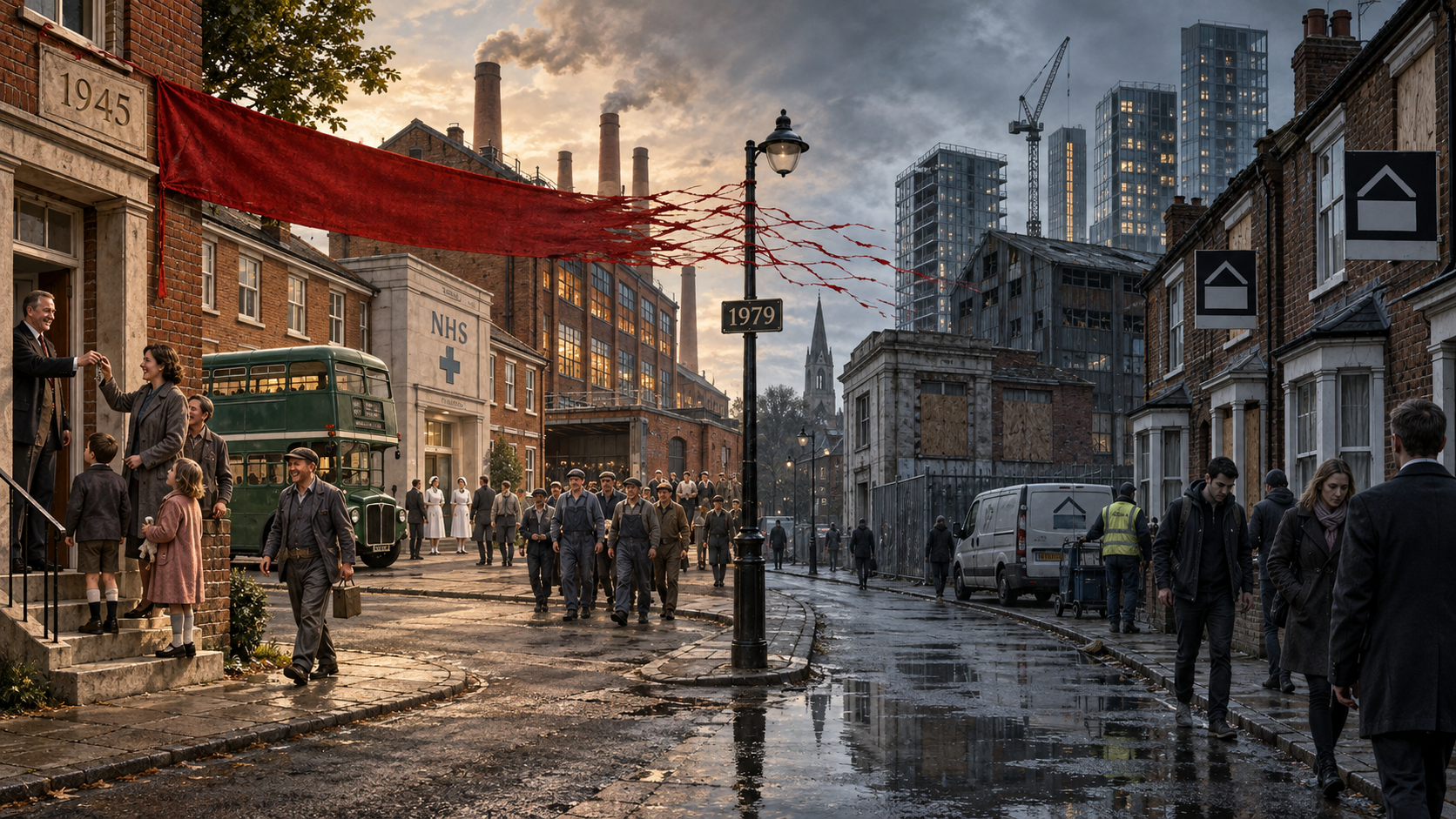 A British street transforming from post-war public provision into privatisation, deteriorating public infrastructure and modern asset inequality.