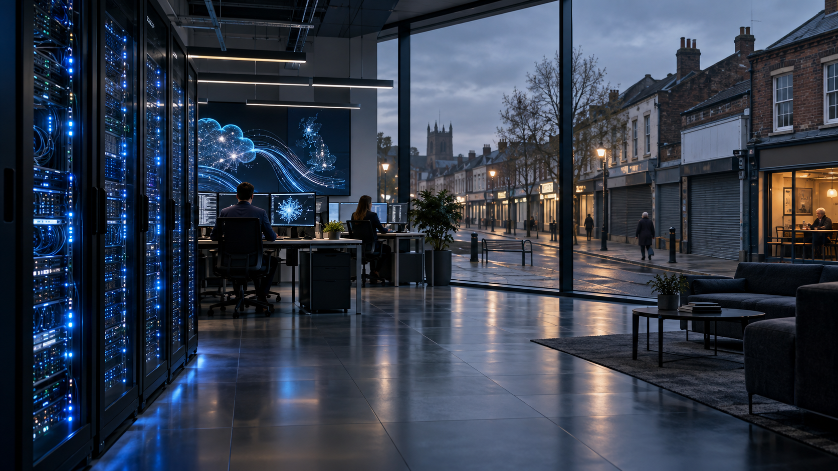 A modern data centre and technology office overlooking a struggling British high street
