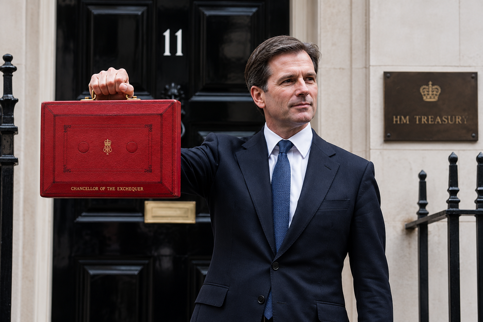 Illustrative UK Chancellor holding the red Budget box outside 11 Downing Street