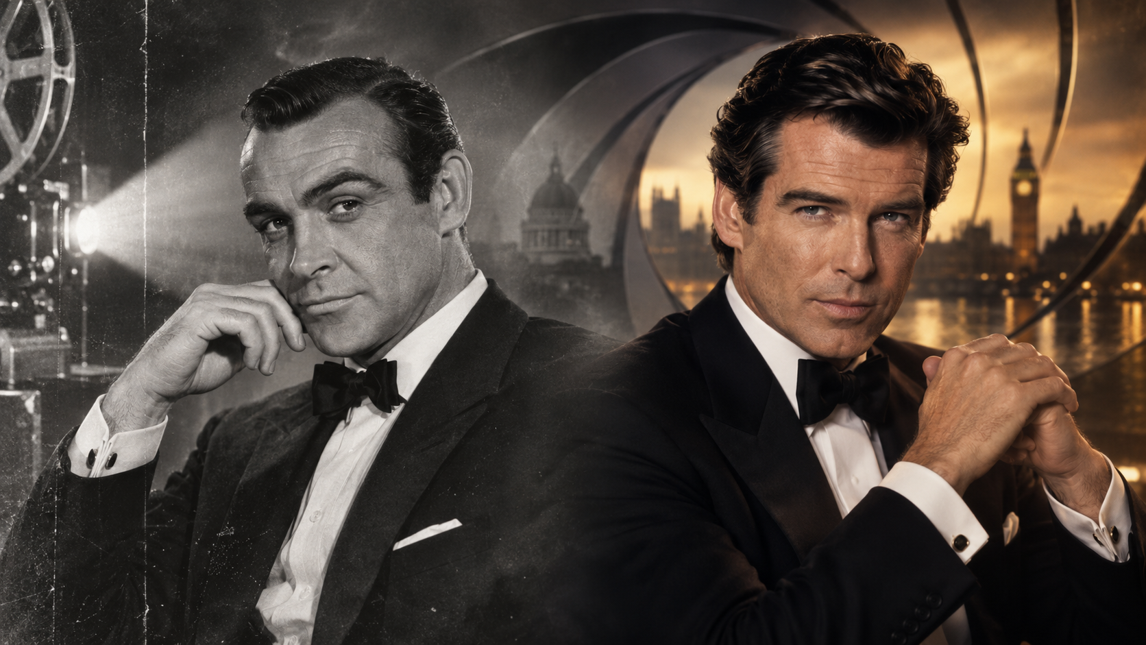 Sean Connery in monochrome beside Pierce Brosnan in warm colour, representing two generations of James Bond