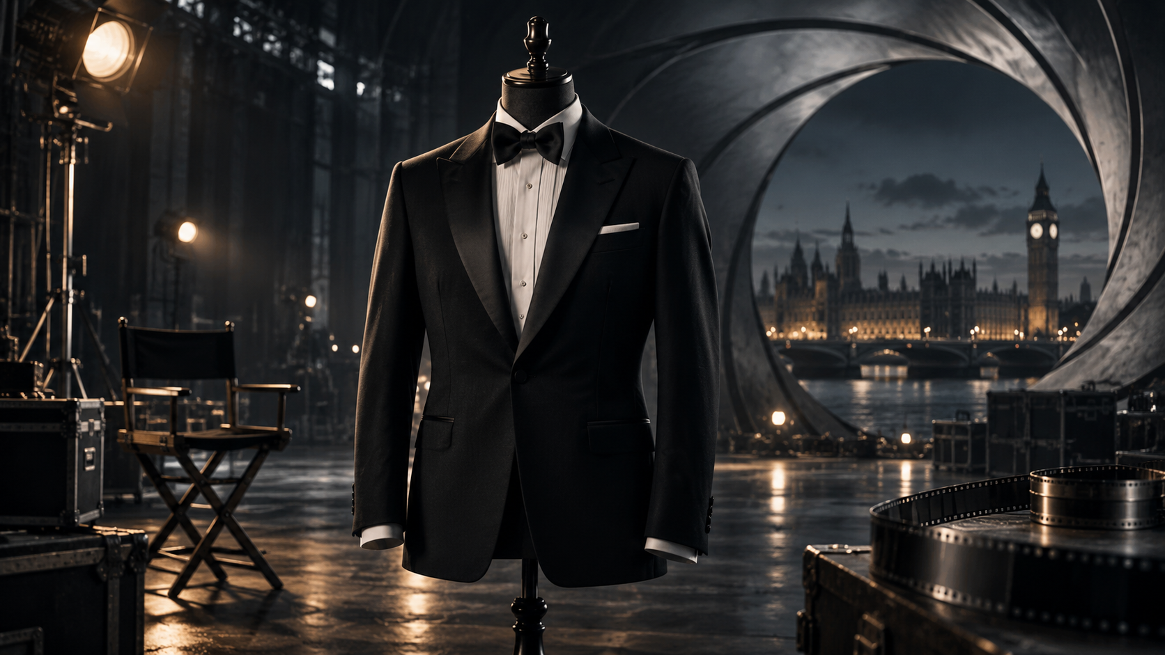An empty James Bond tuxedo displayed on a dark film set overlooking London