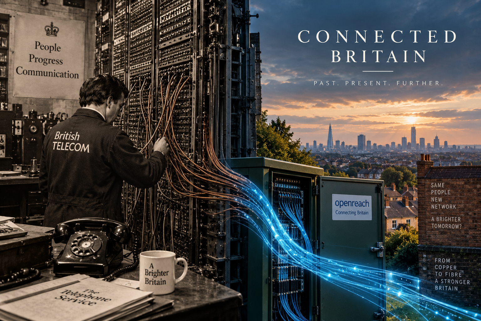 Illustration of Britain’s telecommunications network transitioning from an old telephone exchange and copper wiring to modern fibre infrastructure.