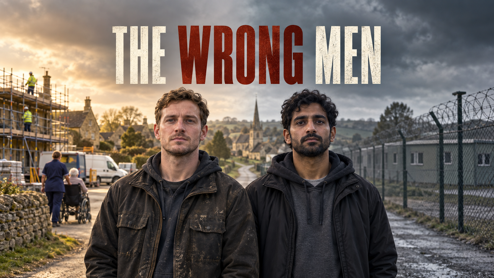 A white working-age man stands beside construction and care work while a brown man stands beside fenced asylum accommodation under the title The Wrong Men.
