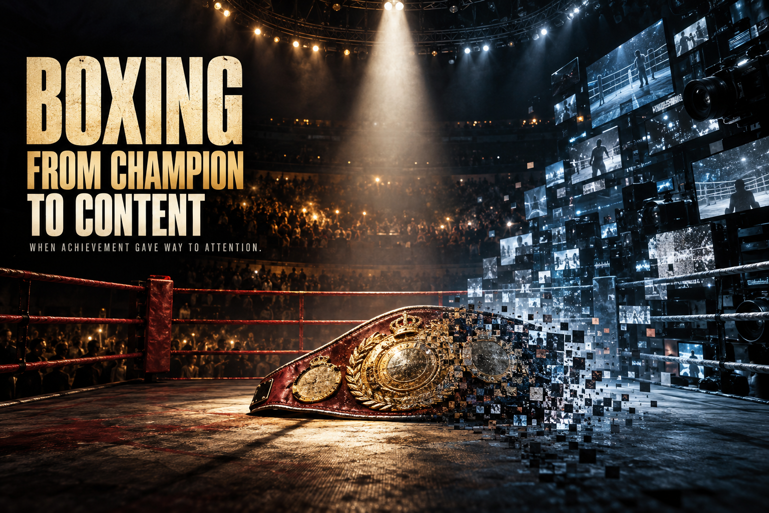 An empty boxing ring with a championship belt dissolving into digital screens beneath the title Boxing: From Champion to Content.