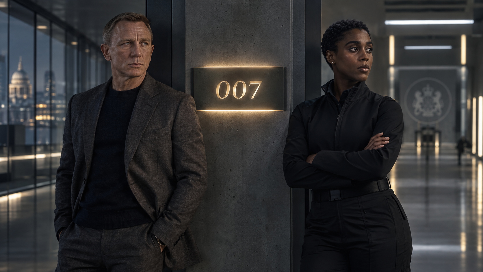 Daniel Craig and Lashana Lynch standing on opposite sides of an illuminated 007 designation
