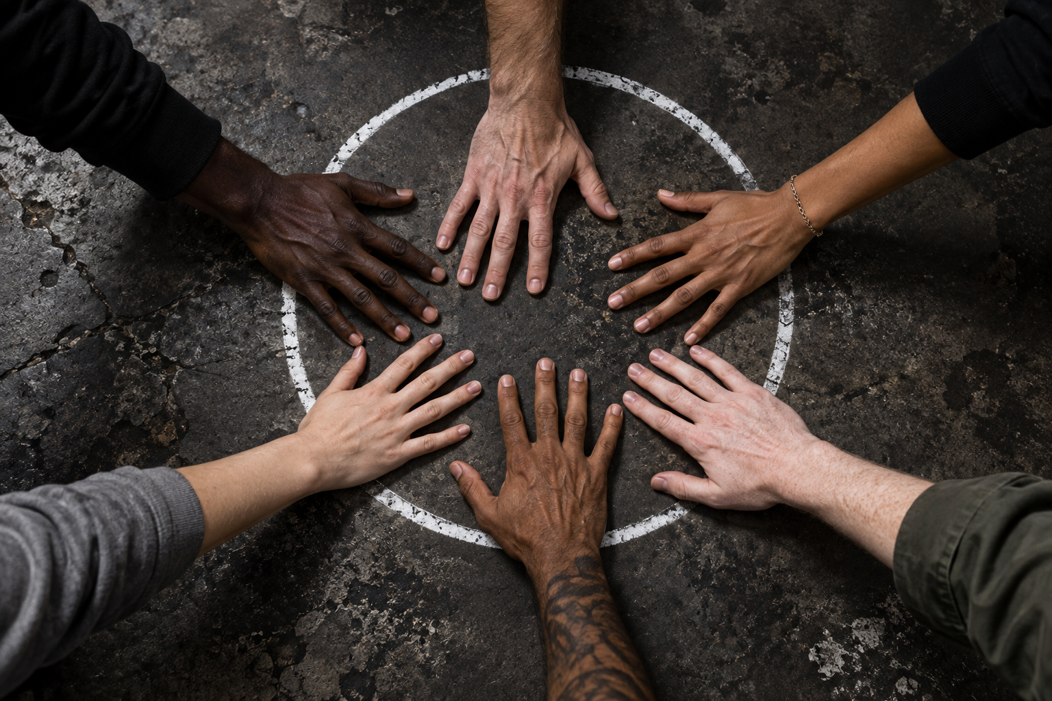 Hands with different skin tones reaching across the same painted circle on a concrete surface.